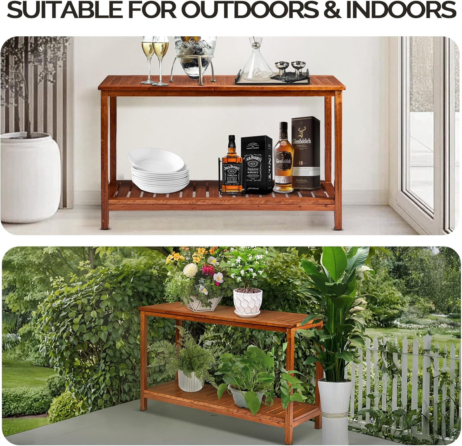 VINGLI 49in Solid Wood Outdoor Console Table, 2-Shelf Wooden Outdoor Accent Plant Table Multifunctional Buffet Bar Storage Organizer for Indoor Patio Porch and Entryway (Natural)