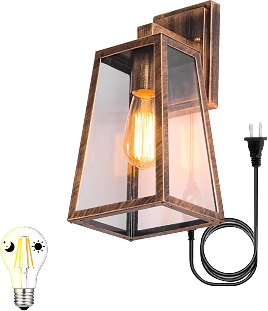 AUTO Plug-in Wall Light Outdoor Indoor Photocell with UL Listed Waterproof Switch Cord LED Dusk to Dawn Light Bulb 8W 60W Equivalent,2700K Warm White Dimmable for Porch Light Backyard