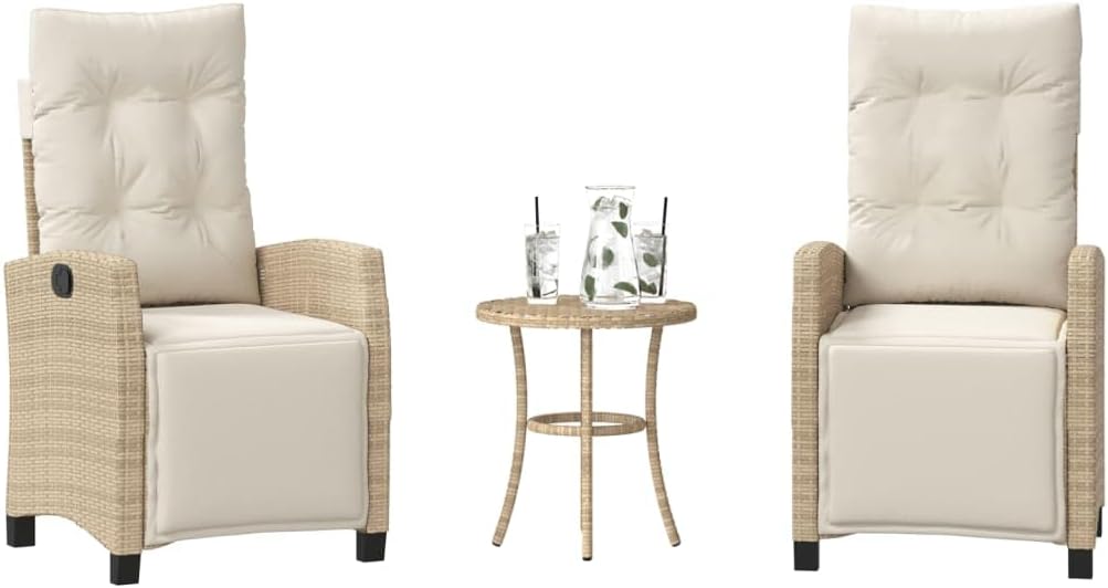 3 Piece Bistro Set with Cushions Beige Poly Rattan,Comfortable Patio Reclining Bistro Set with Adjustable Backrest for Outdoor Relaxation Patio Furniture, Outdoor Furniture Sets