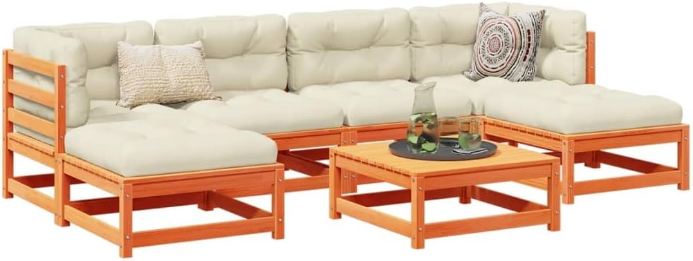 7 Piece Patio Sofa Set with Cushions Wax Brown Solid Wood Pine,Pinewood Outdoor Sofa Set for Patio Backyard Garden with Comfortable Cushions Patio Furniture Sets