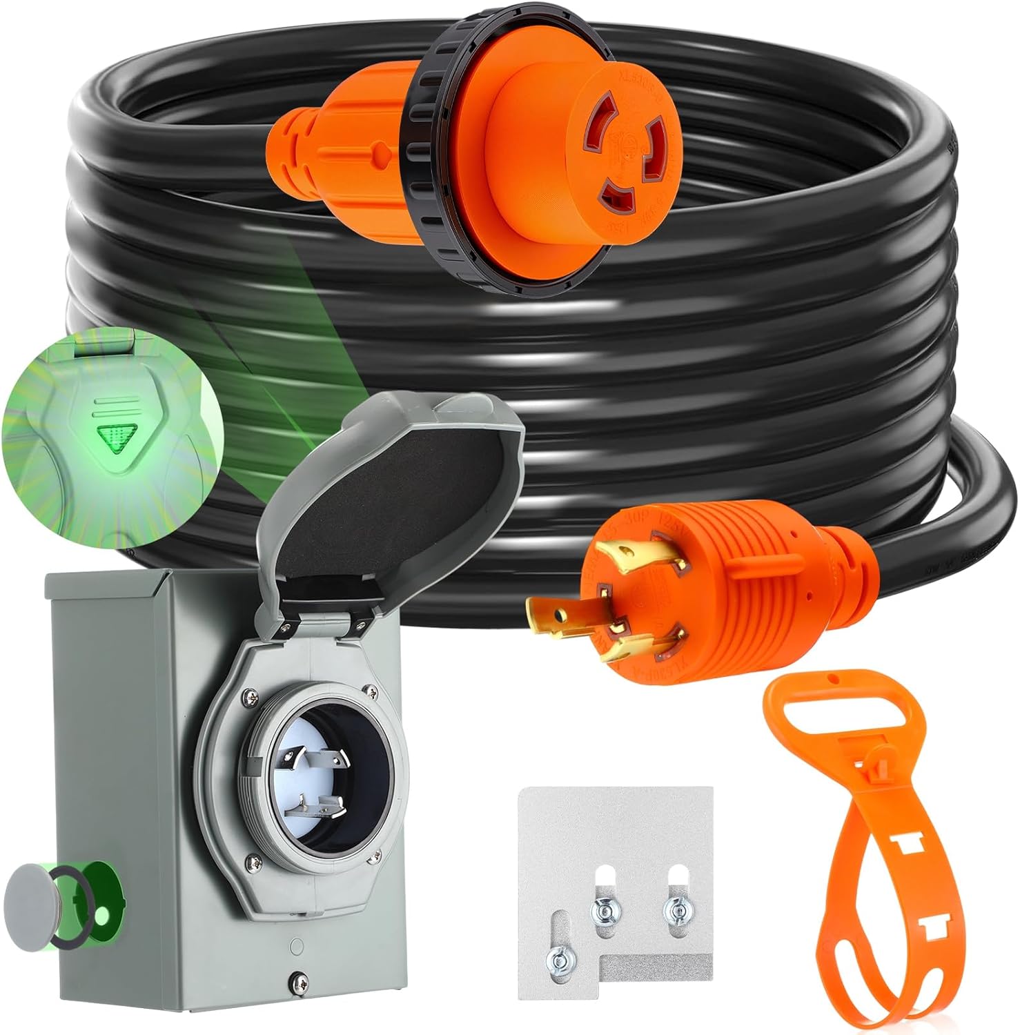 Kanayu 20 ft 30 Amp Generator Rv Extension Cord and Pre-drilled Power Inlet L5-30p/l5-30r Generator Interlock Kit 3 Prong Compatible with Nema 125v/250v 10 Gauge for Home Backup, Etl Listed