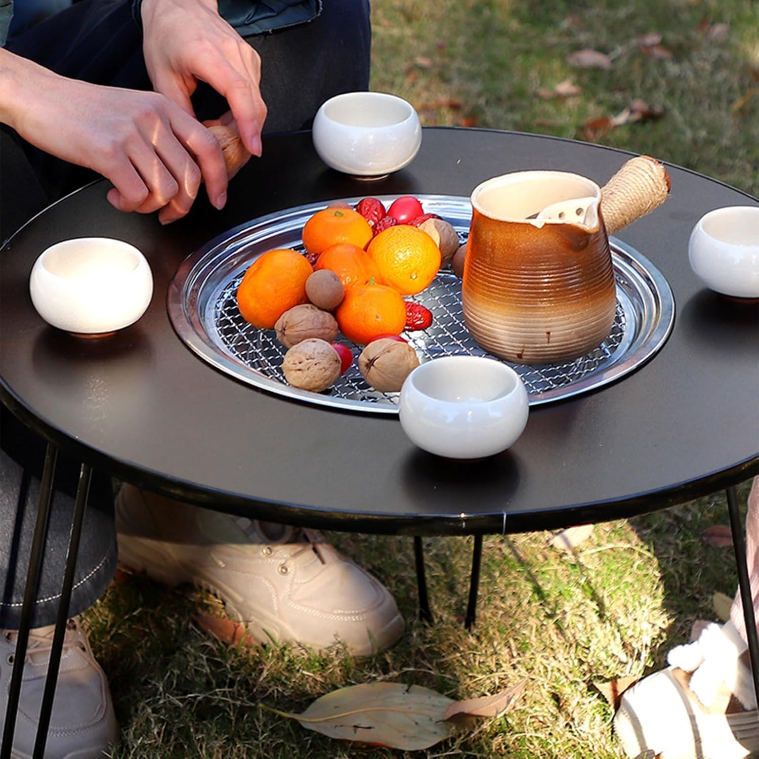 Multifunctional Fire Pit Table, Portable & Folding BBQ& Outdoor Wood Burning Firepit with Cooking Grate and Fire Tongs for Camping, Bonfire & Outdoor Heating