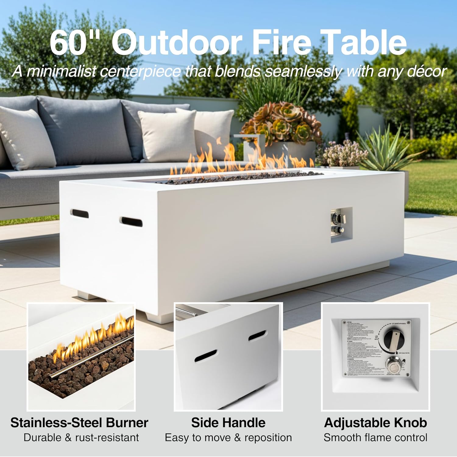 60-Inch Outdoor Gas Propane Fire Pit Table with Propane Tank Cover,Set-2-Piece,60,000 BTU Concrete Fire Pit with Free Rain Cover, Tank Seat, Lava Rocks, for Outside Patio Backyard,White