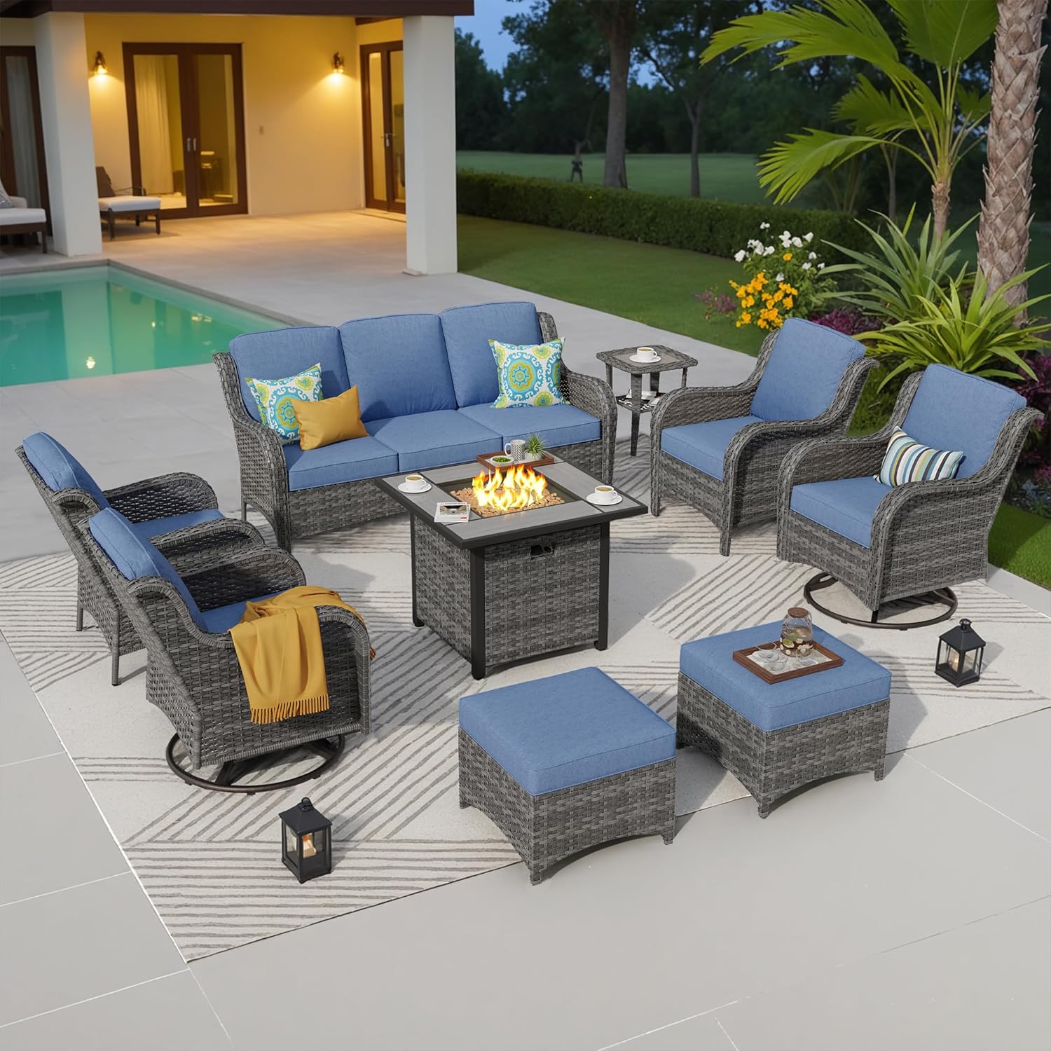 ovios 9 Pieces Patio Furniture Set with 30 inch Fire Pit Table, Outdoor Wicker Sofa Couch Swivel Rocking Glider Chairs, Modern Luxury Conversation Set, Grey Rattan, Denim Blue