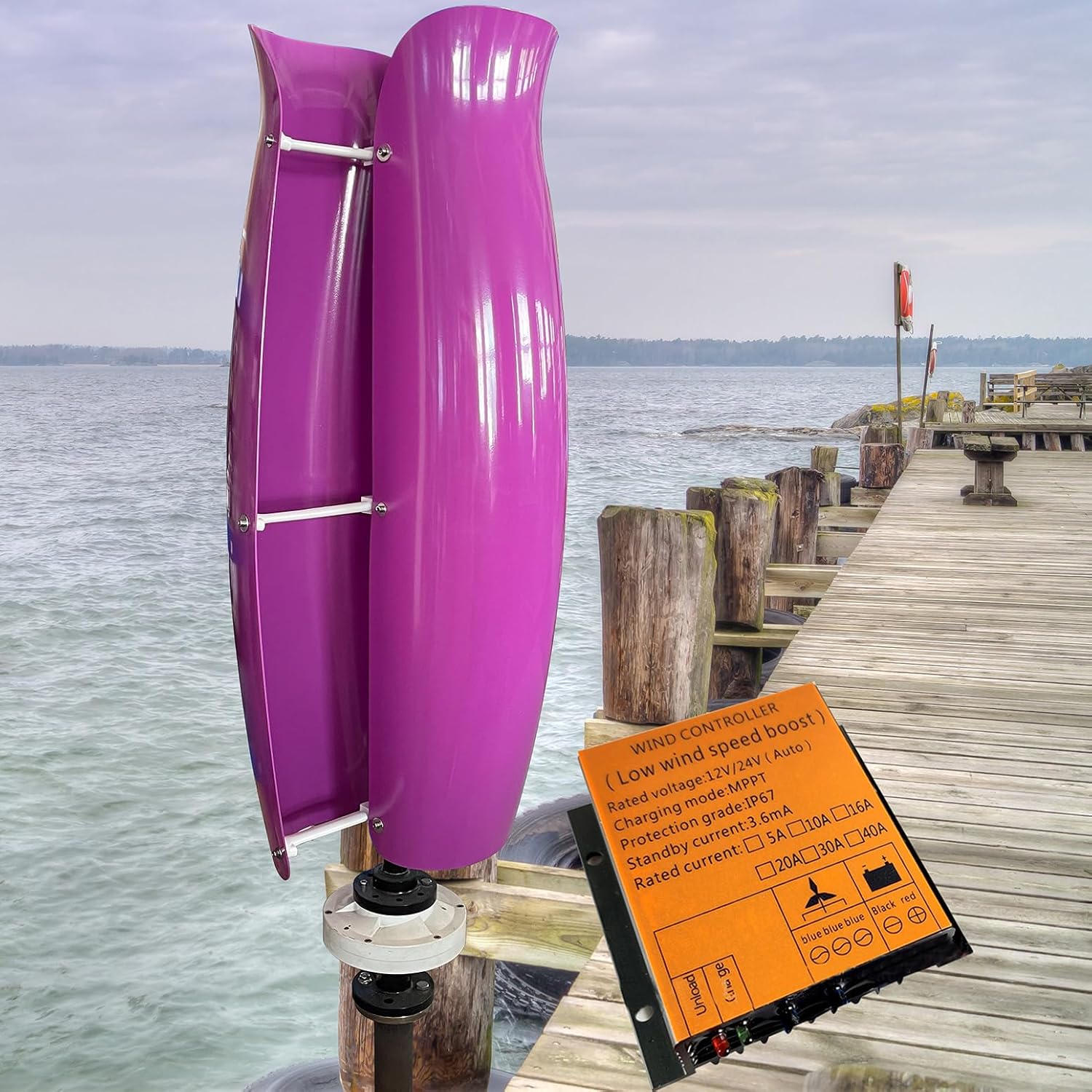 3KW Vertical Axis Wind Turbine Generator Maglev Generator 12V / 24V / 48V Wind Turbine Generator Power Kit with MPPT Controller and 2 Fiberglass Blades for Highway, Home, Boat,Purple,3000W24V