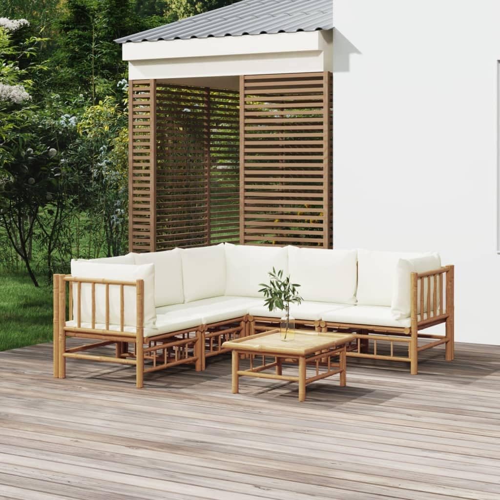 6 Piece Patio Lounge Set with Cream White Cushions Bamboo,Elegant Bamboo Patio Lounge Set: Relax and Unwind with Comfort and Style Patio Furniture Sets, Outdoor Furniture Sets
