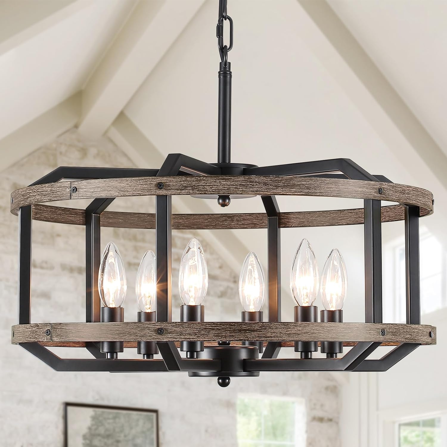 Farmhouse Chandelier for Dining Room, 6-Light Rustic Faux Wood Metal Light Fixtures, Caged Candle Style Pendant Hang Light for Dining Room, Kitchen Entryway