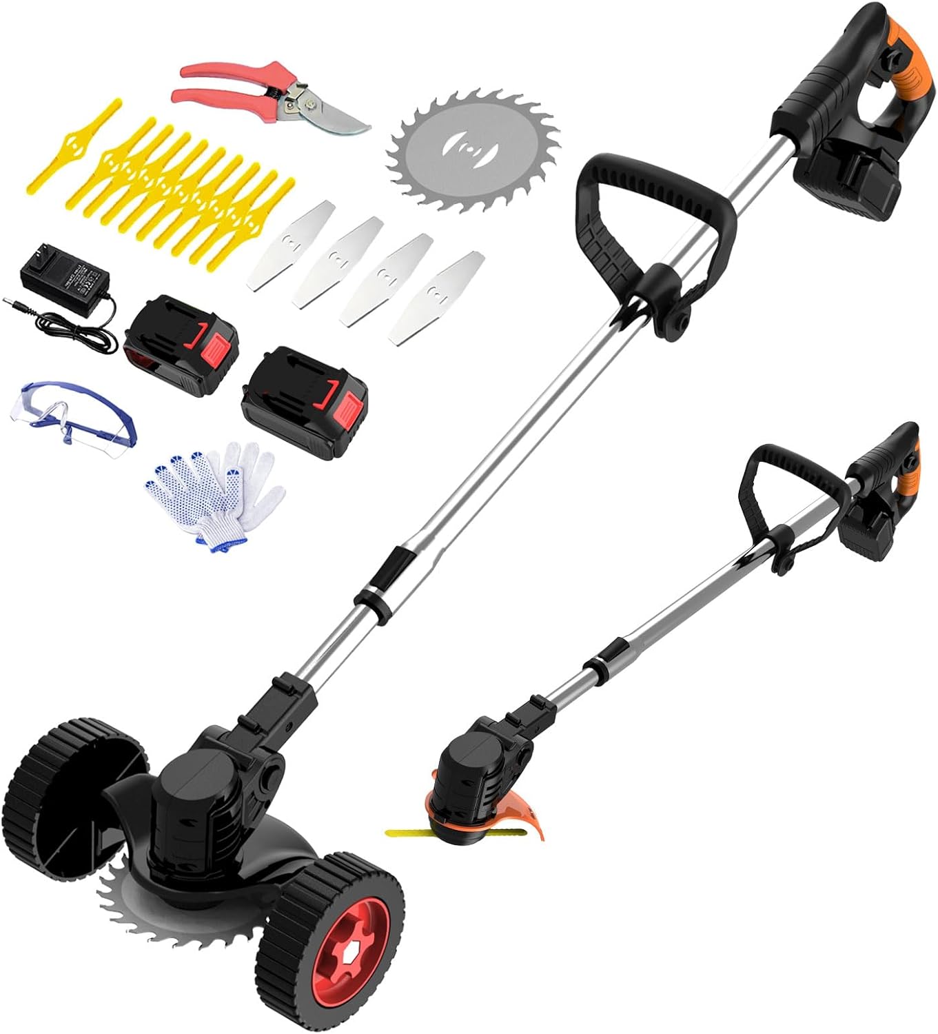 Electric Weed Wacker Cordless Weed Trimmer Eater Battery Powered with 2 Battery Operated & Charger & Wheels & Shears, Lightweight 3 in 1 Grass Trimmer/Brush Cutter/Lawn Edger for Lawn, Garden