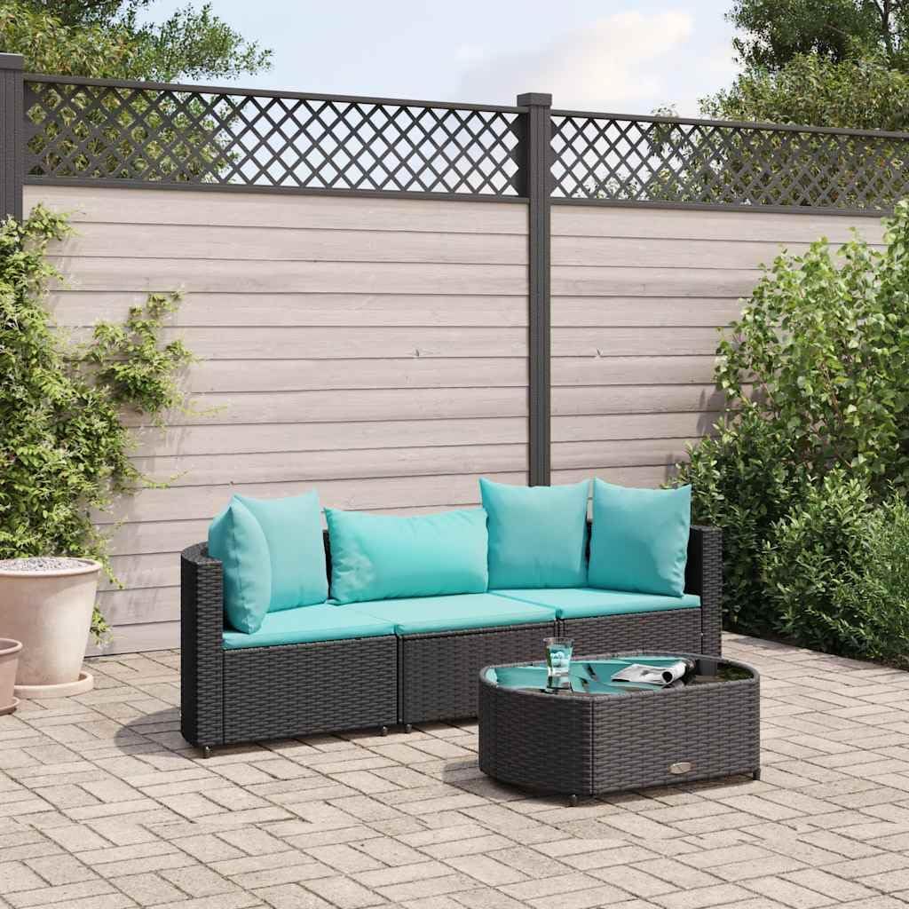3 Piece Patio Sofa Set, Black Poly Rattan Outdoor Furniture with Water Blue Cushions, Weather Resistant Garden & Terrace Seating