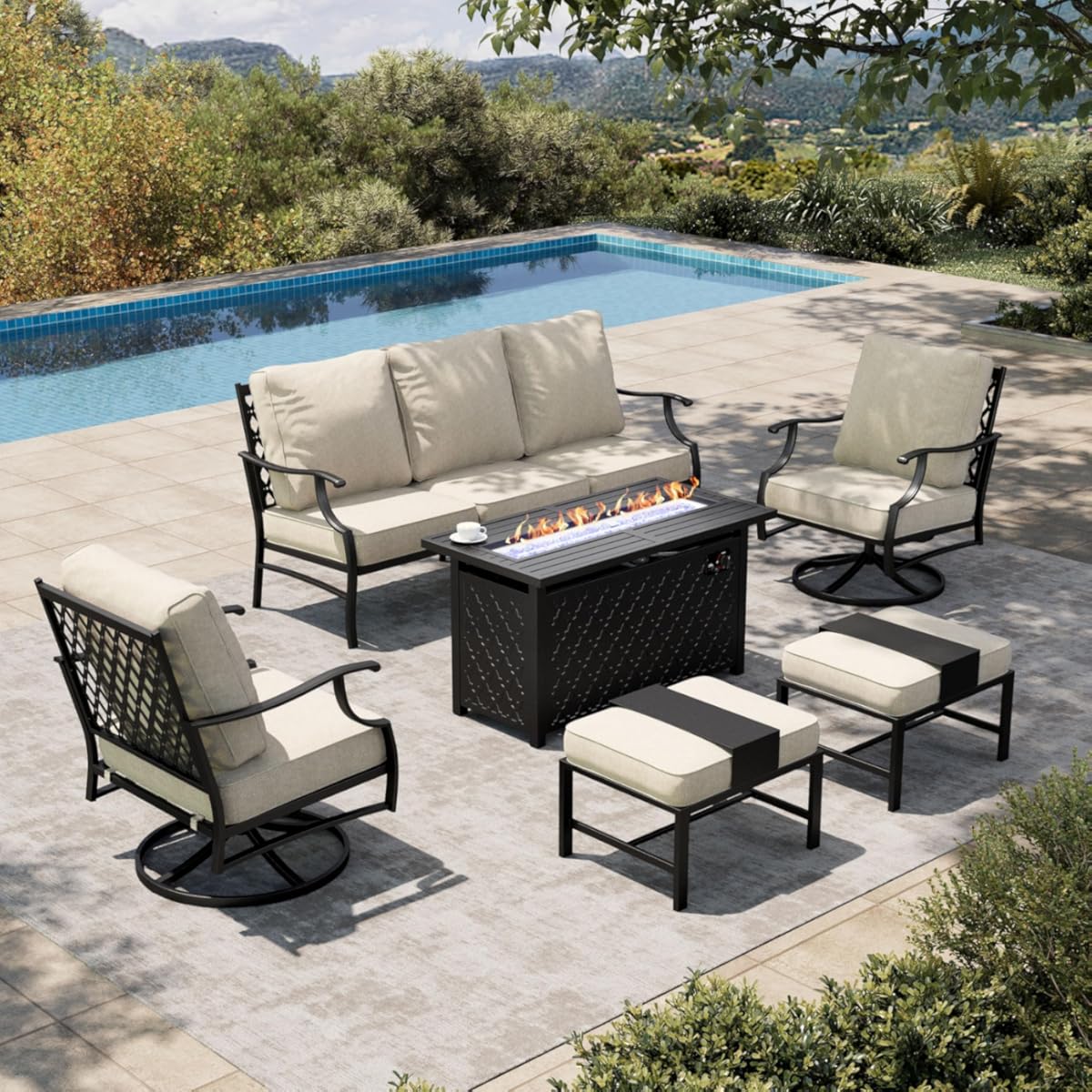 HERA'S HOUSE 6 Pieces Patio Furniture Set with Fire Pit Table, 2 x Swivel Chair, 2 x Ottoman, 3-Seat Sofa with 45