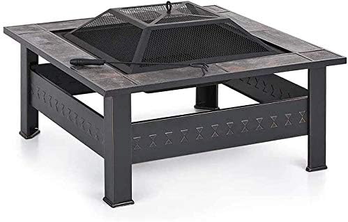 Fire Pits Outdoor Wood Burning Fire Pit with BBQ Grill Shelf,Outdoor Metal Brazier Square Table Firepit Garden Patio Heater with Waterproof Cover with Cover BBQ Cooking for Outside Camping Backyar