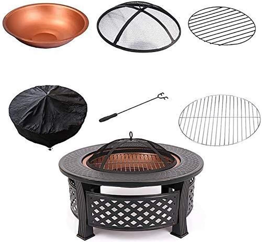 Outdoor Patio Steel BBQ Grill Fire Pit Bowl Spark Screen Cover, Log Grate, Poker for Backyard, Camping, Picnic, Bonfire, Garden