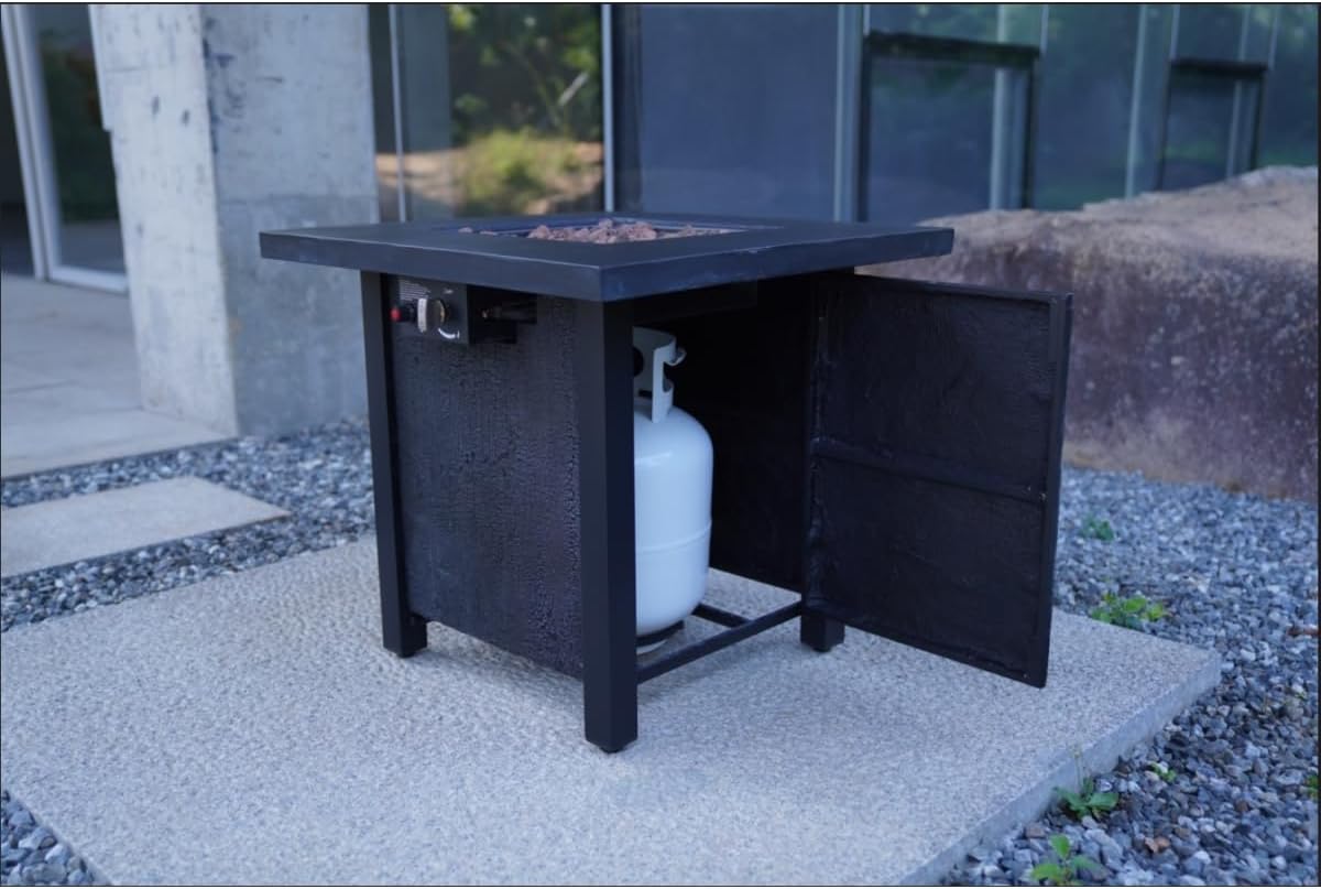 28-inch Square Propane Fire Pit Table, 50,000 BTU Outdoor Patio Heater with Rattan Weave Texture & Cover, Black CSA Certified Gas Fire Pit for Garden