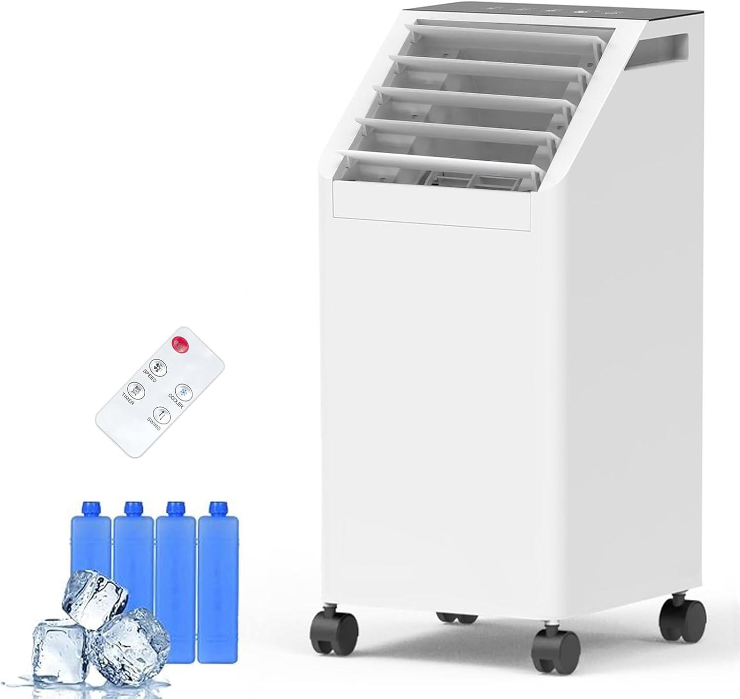 3-IN-1 Windowless Portable Air Conditioner, Evaporative Air Cooler with 90° Oscillation, 3 Speeds, Remote, 1 Gal Water Tank, 4 Ice Packs, Timer, Fast Cooling Fan for Indoor Bedroom Office