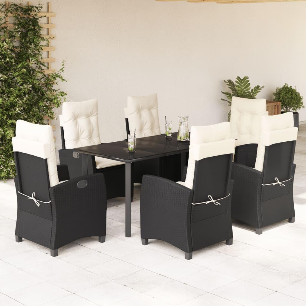 Furniture Sets 7 Piece Patio Dining Set with Cushions Black Poly Rattan,Adjustable Backrest Outdoor Dining Set with Glass Tabletop and Cushioned Chairs for Patio, Garden, or Backyard Garden Conversati