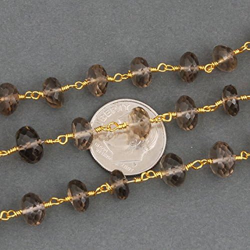LKBEADS 3 Feets Smoky Quartz Rondelle Rosary Style Beaded Chain - Smoky Quartz Beads Wire Wrapped 24k Gold Plated 7mm-8mm
