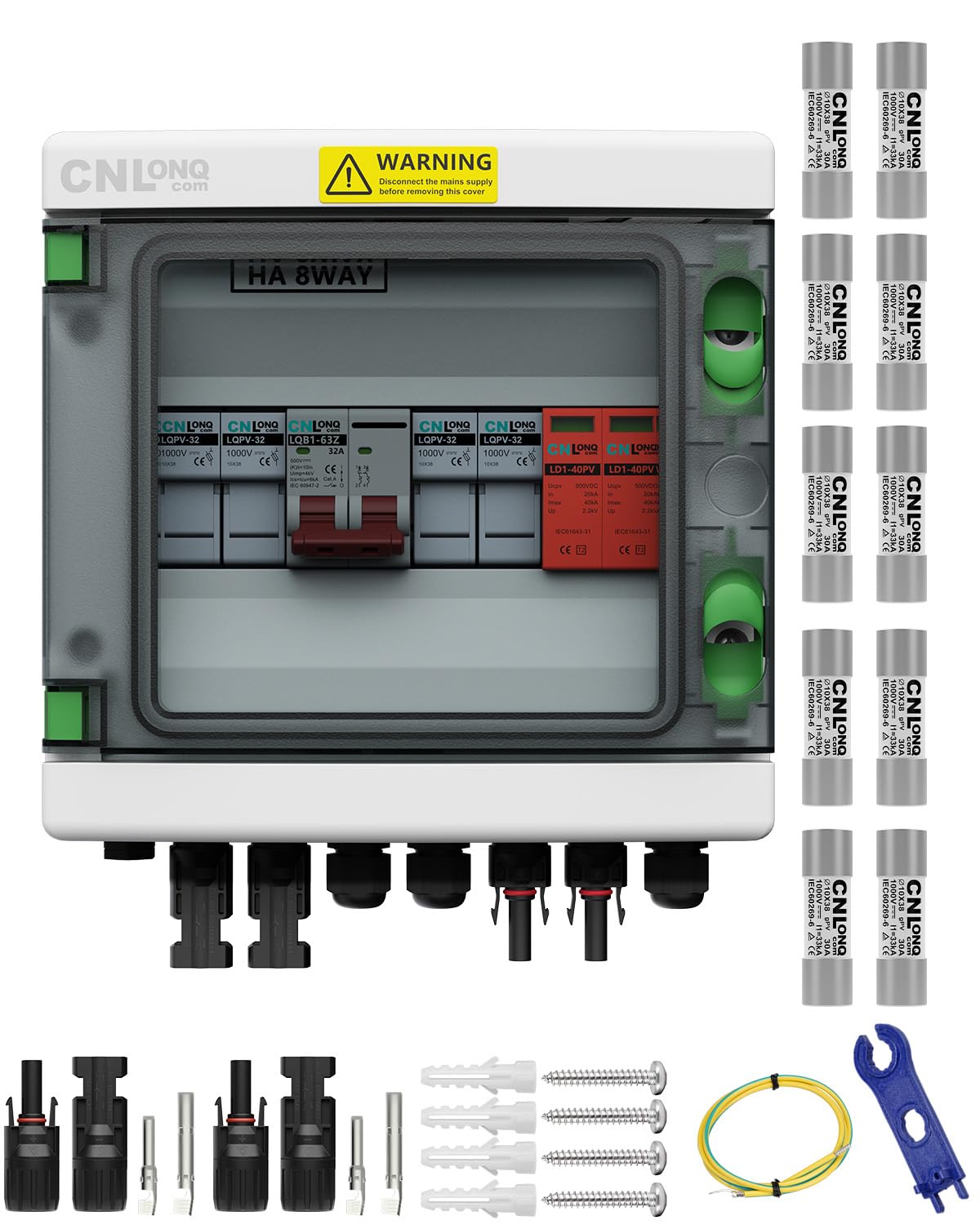 2 String Solar PV Combiner Box with 10pcs Fuse Link 30A DC1000V IP65 2 in 1 Out DC500V 32A Circuit Breaker with Surge Protector and 15A PV Fuse,Solar Disconnect Switch Outdoor Waterproof for Solar Pan
