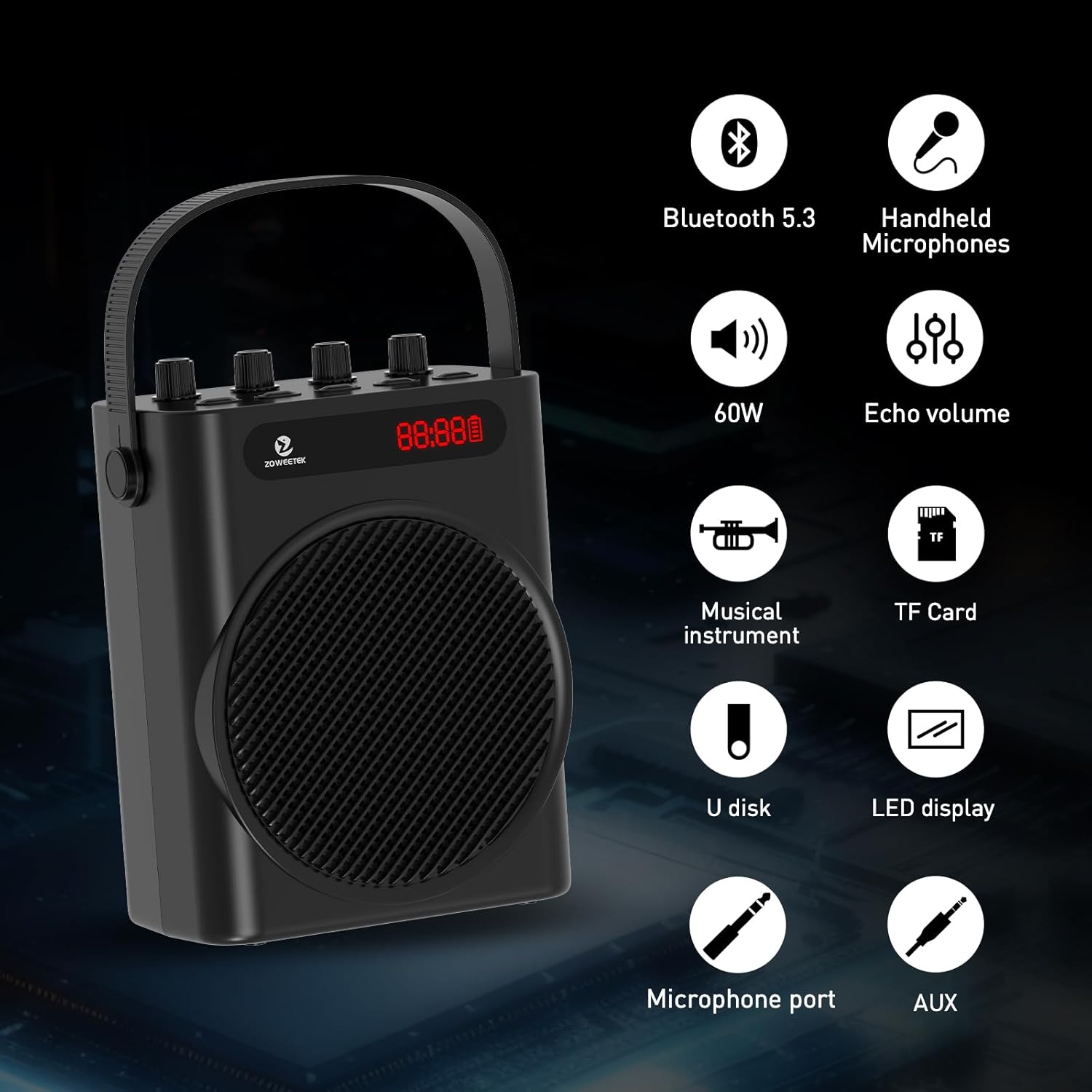 ZOWEETEK 60W Voice Amplifier with 2 Wireless Microphones,Portable Wireless Speaker with Microphone, Karaoke Machine,Portable Megaphone PA System,Wireless Voice Amplifier,Support TF Card,USB,Guitar,Aux