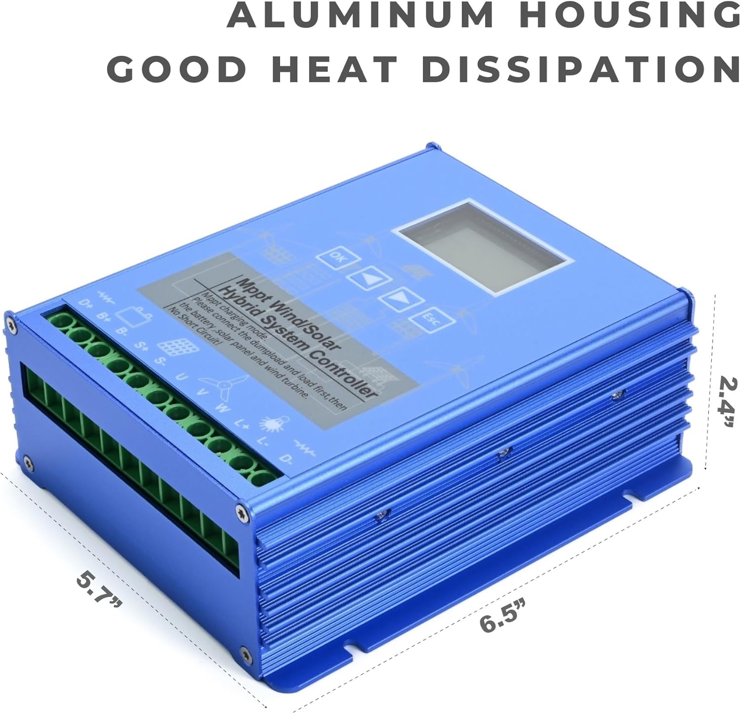 Wind Solar Hybrid Charge Controller, 1400W Wind and Solar Charge Controller, Auto 12V/24V Battery Off Grid Controller Boost MPPT 800W Wind Turbine, 600W Solar Panel