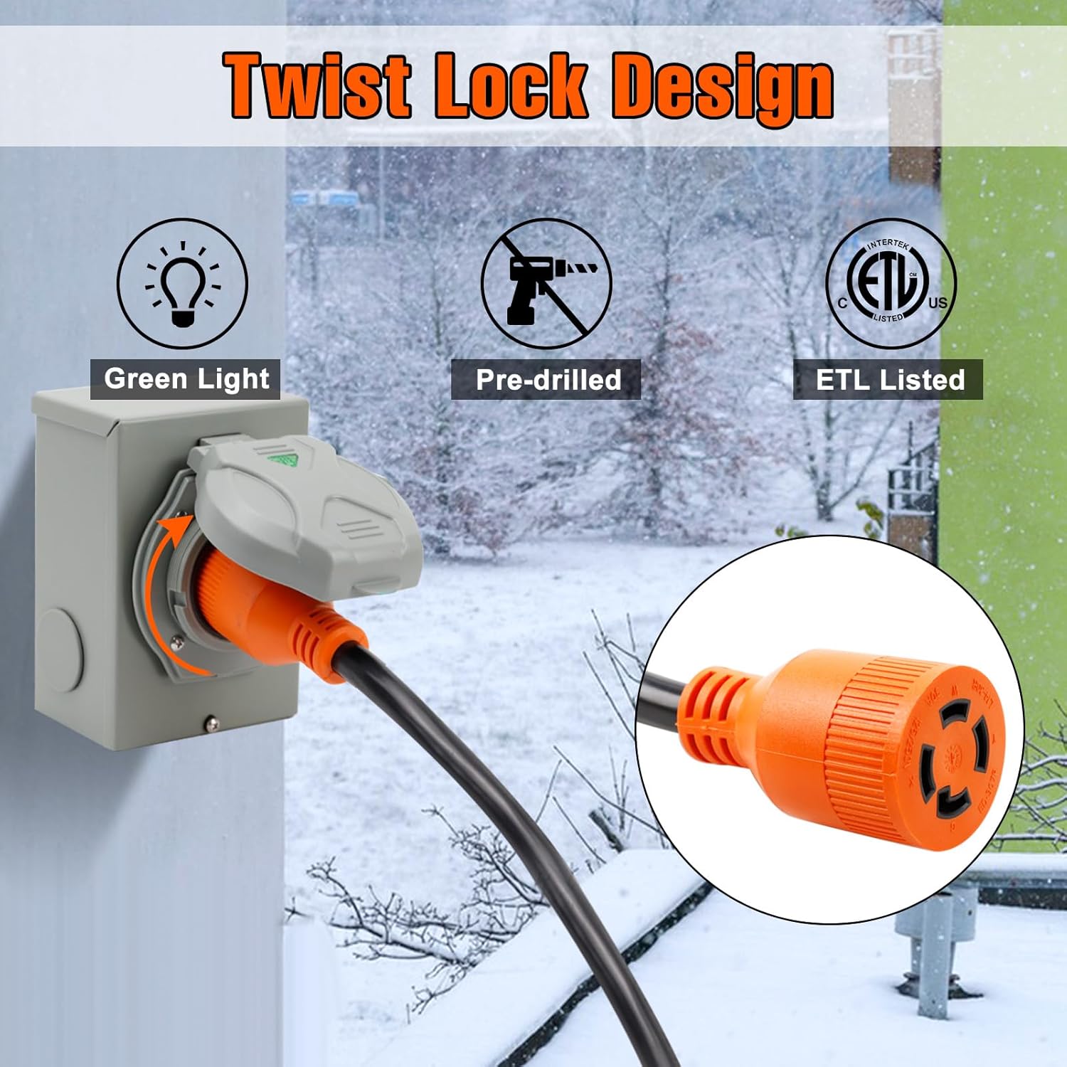 30 Feet 30 Amp Power Cord and Power Inlet Box Generator Hookup Kit, 7500W, 125V/250V Generator Extension Cable Twist Lock and Pre-Drilled Power Inlet Box for Outdoor, Home, Backup Power Use