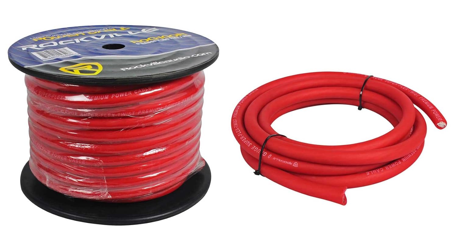 Rockville R0G100 Red 0 Gauge AWG 100 Ft Car Amp Power/Ground Wire Cable, Flexible PVC Jacket, Cool Cable Technology, Noise-Reducing Winding, for Car Audio Amplifiers