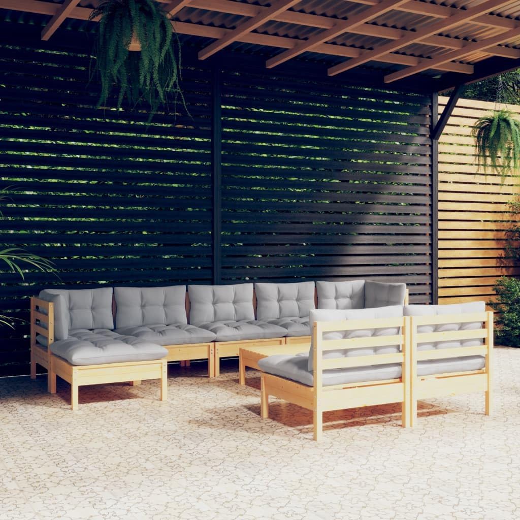 10 Piece Patio Lounge Set with Gray Cushions Pinewood Garden Furniture