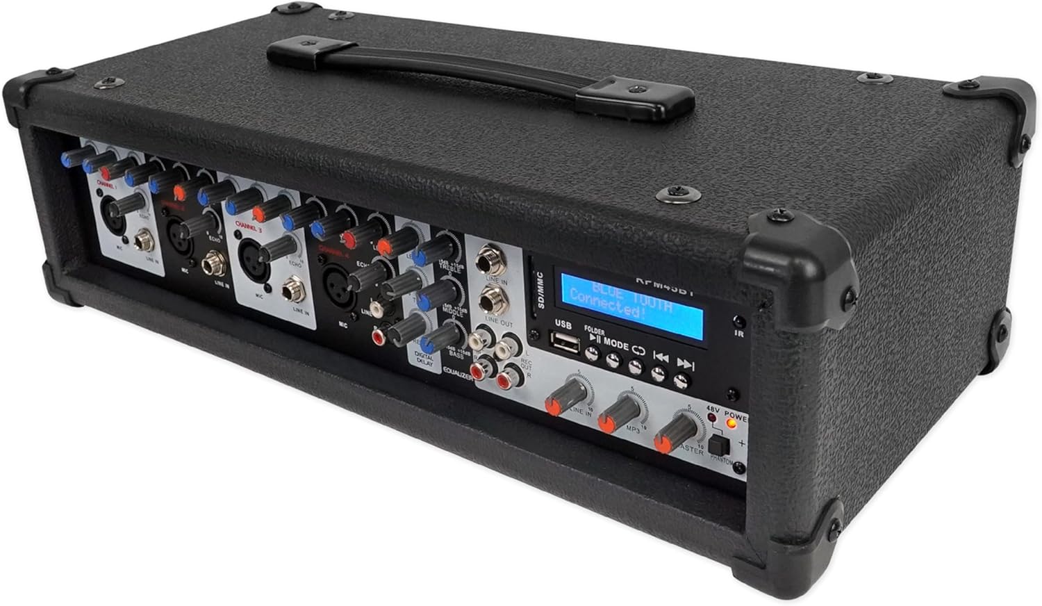 Rockville RPM45BT 1800W Powered 4 Channel Mixer/Amplifier, Bluetooth Streaming, USB Input, EQ, Reverb & Delay Effects, Phantom Power, for Live Sound and Small Events