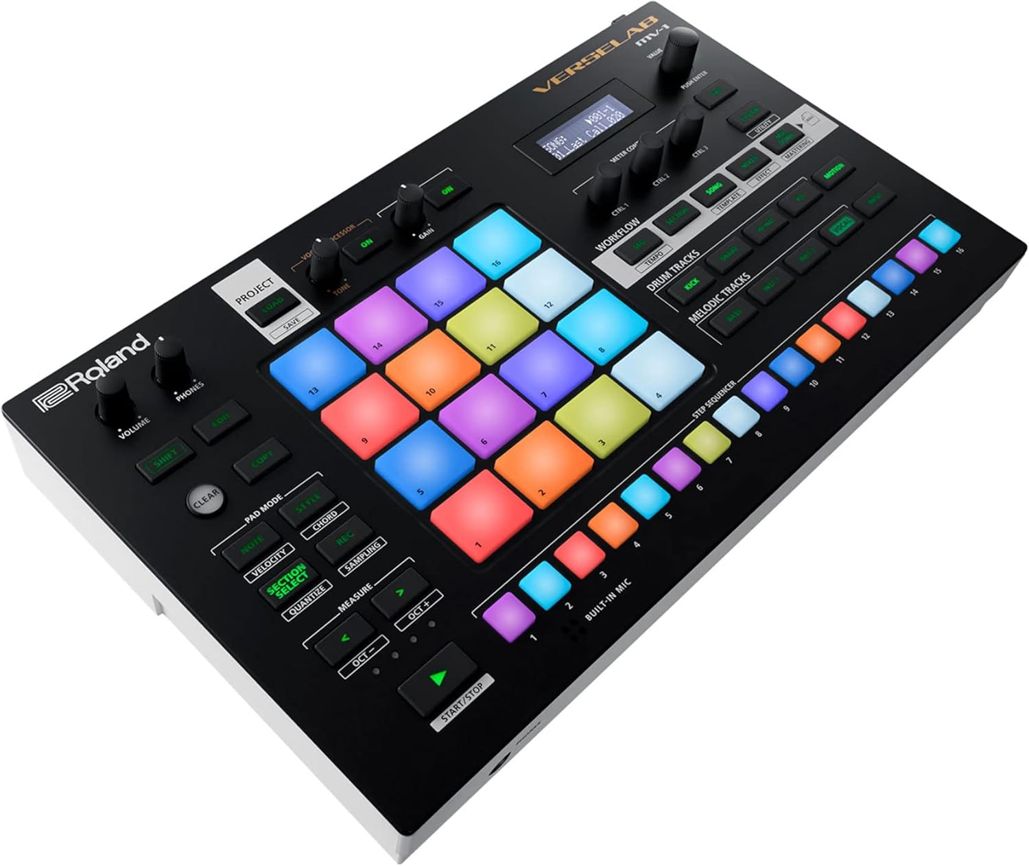 Roland VERSELAB MV-1 ZEN-Core Professional Song Production Studio for Songwriters and Singers. 4x4 pads and TR-REC Step Sequencer for drums, basslines, and melodic parts.