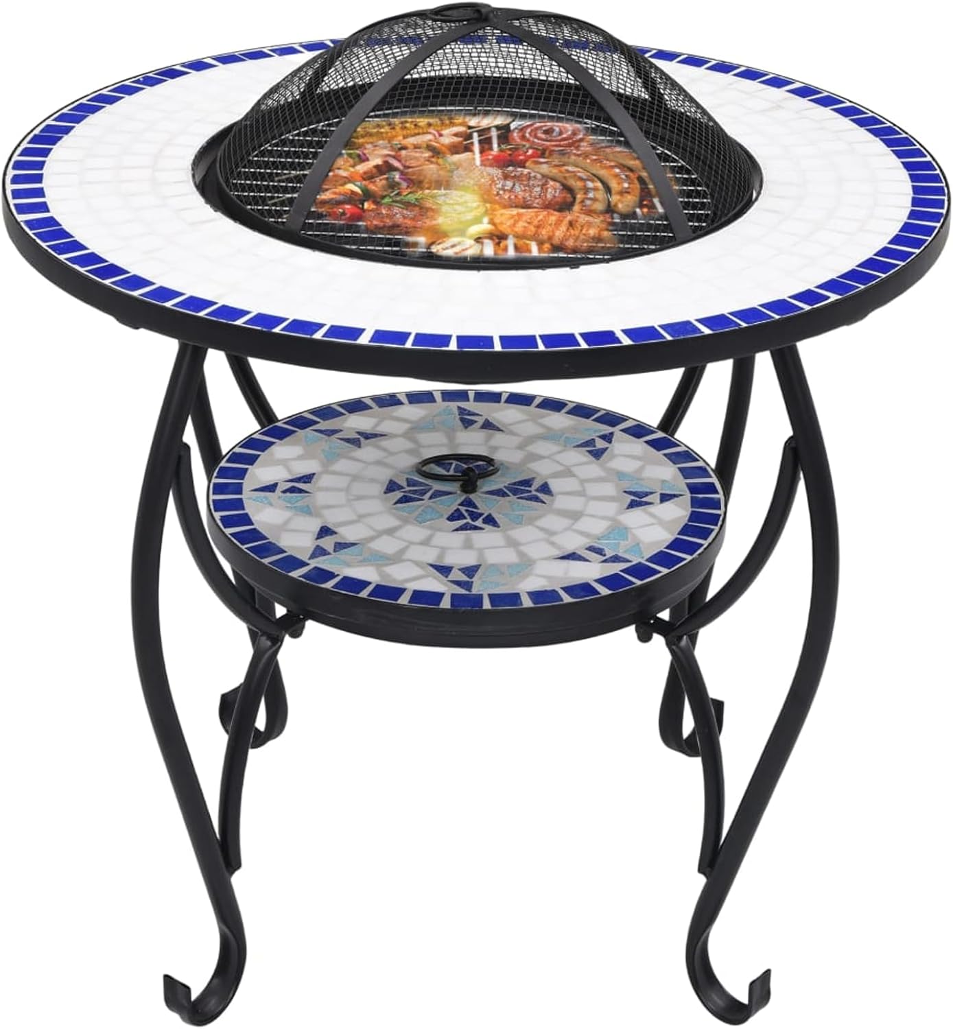 Blue and White Steel Fire Pit Table with Ceramic Surface - Garden & Patio Decor, Heat Absorbing, Safe Mesh, Multi-Use BBQ Model LYKLYD-46724US