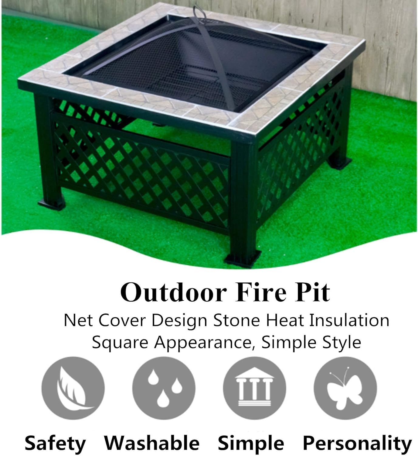 Square Fire Pit Table,Built-in Fire Bowl Table,Metal Bonfire Firepit with Mesh Spark Screen Cover,Outdoor Patio Heater Wood Burning,Garden Fireplace for Camping