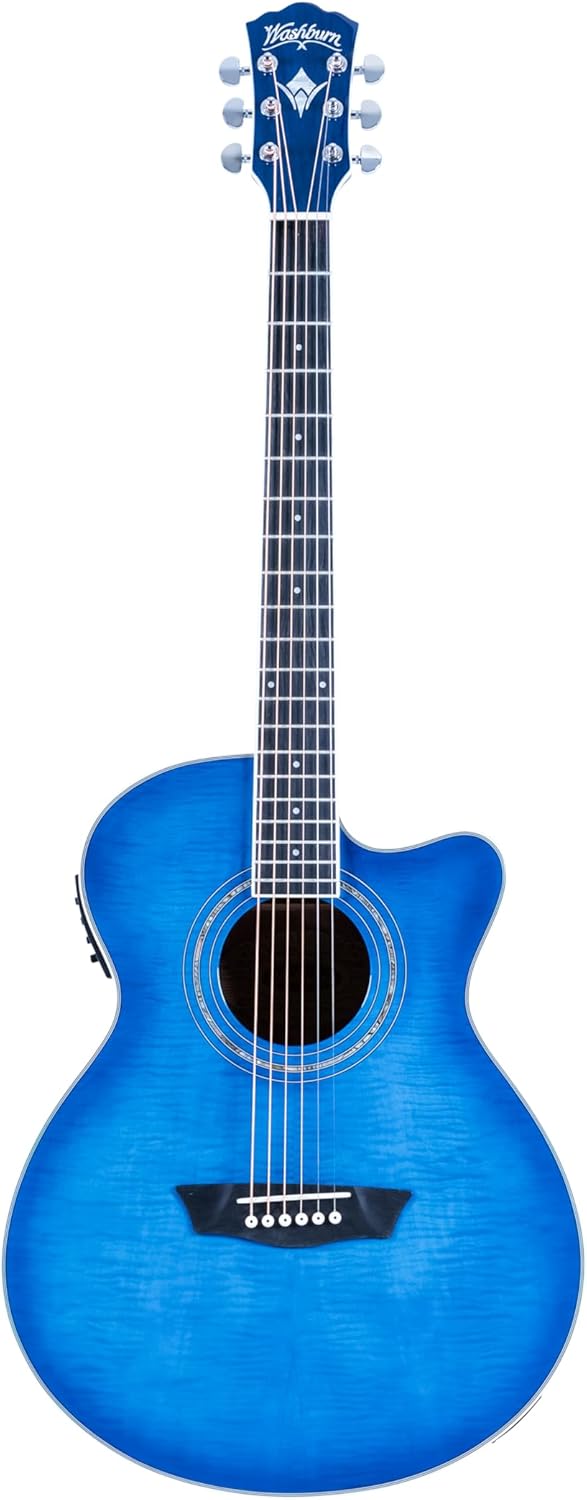 Washburn EA15 Festival Series Mini Jumbo Cutaway Acoustic Electric Guitar, Transparent Blue
