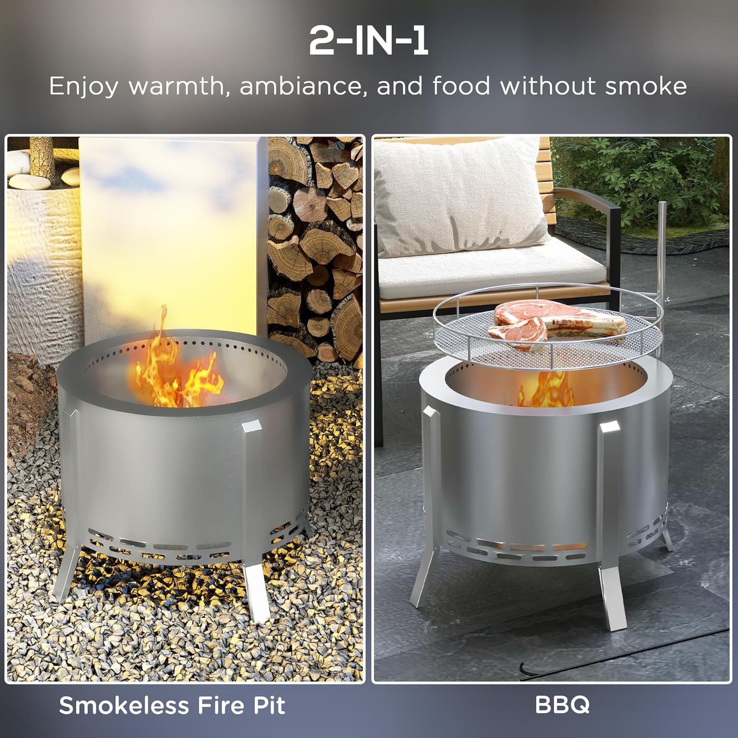 2-in-1 Smokeless Fire Pit, BBQ Grill, 19