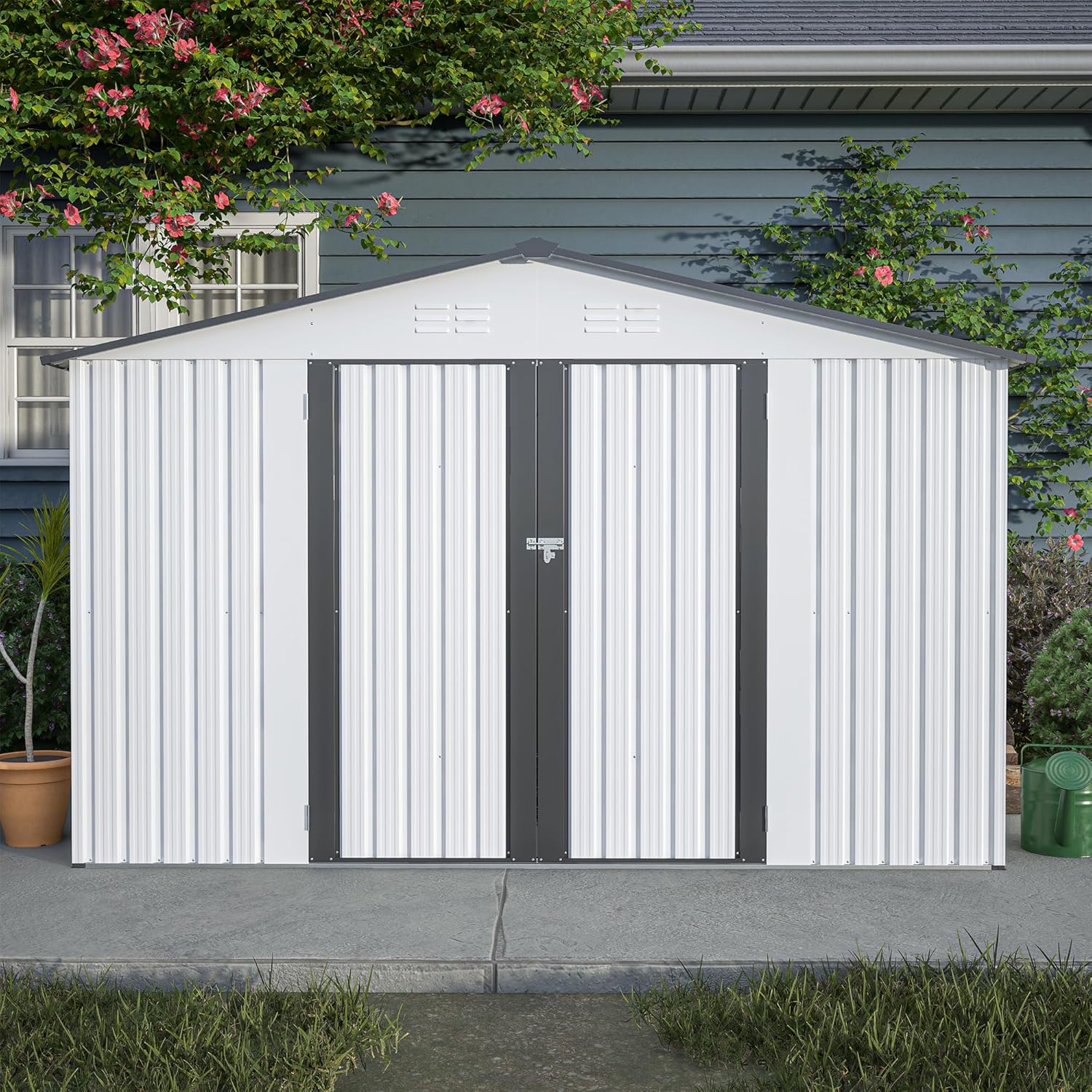 10x8 FT All-Weather Metal Storage Shed with Lockable Doors, Rust-Resistant Outdoor Tool Shed for Garden, Patio, Backyard, Lawn, White - Heavy Duty & Easy Assembly