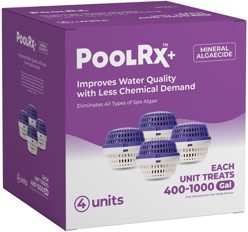 PoolRx+ Mineral Algaecide 4-Unit Pack, up to 6-Month Algae Control, for 400-1,000 gallons, Purple & White, New Formula with Silver.
