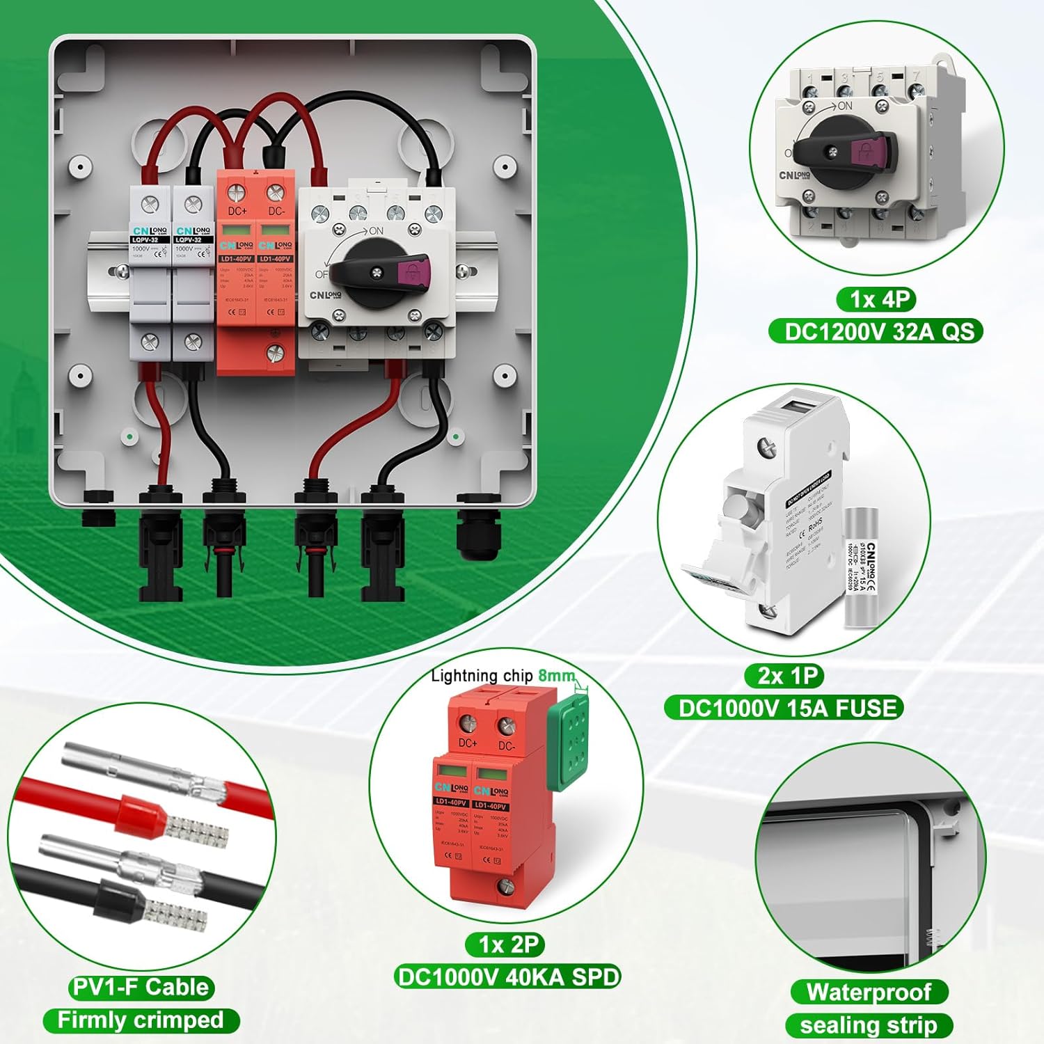 IP65 Solar PV Combiner Box DC1000V 32A Circuit Breaker with Surge Protector and 15A PV Fuses and 10pcs Fuse Link 15A 1000V DC, 1in 1out Disconnect Switch Outdoor Waterproof for Solar Panels System