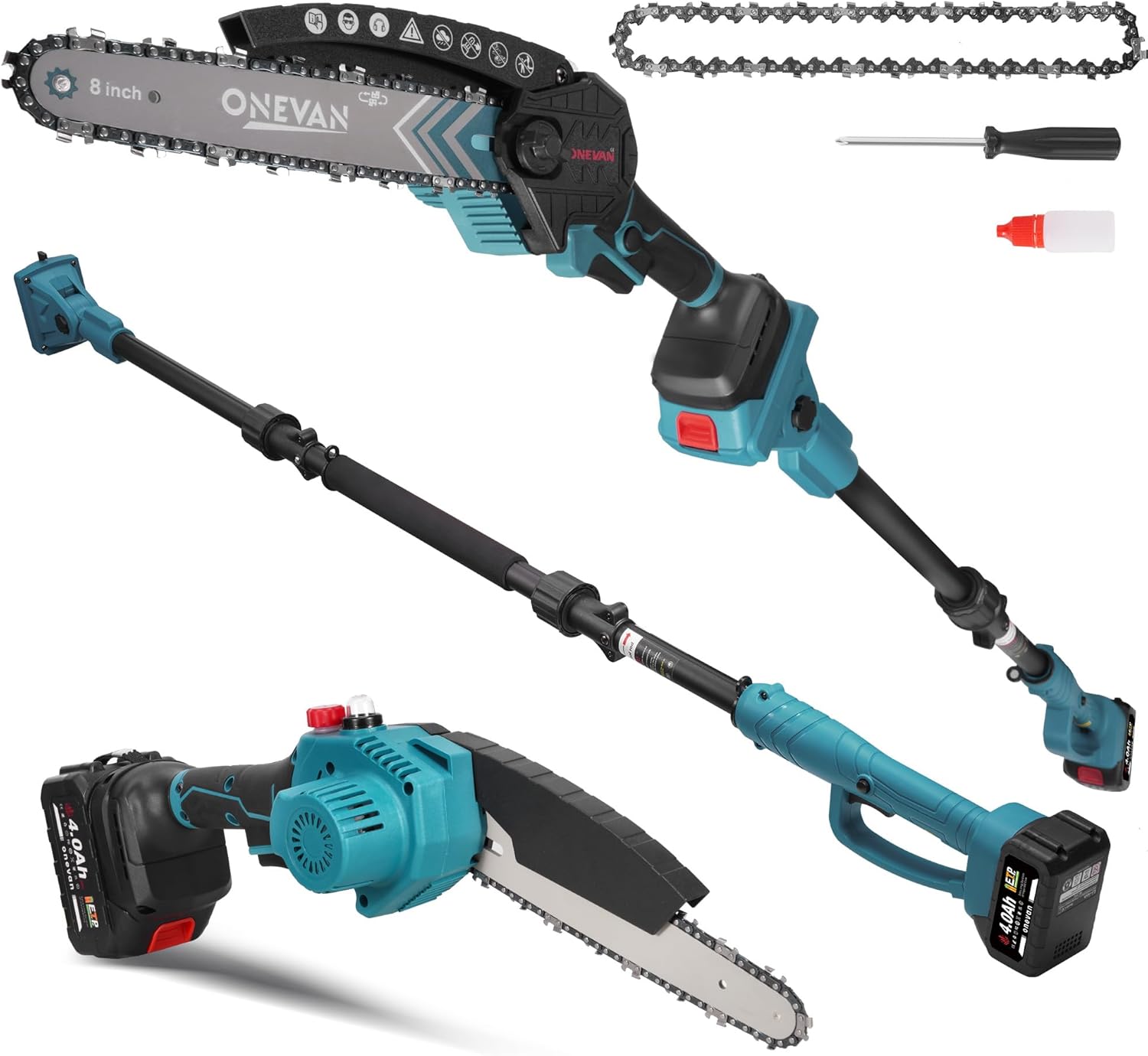 2-in-1 Electric Pole Saws for Tree Trimming, 8 Inch Brushless Mini Chainsaw, 2 Pack 20V 4.0Ah Battery Powered Pole Saws, Auto Oiling, 14ft Reach Cordless Pole Saw with Shoulder Strap