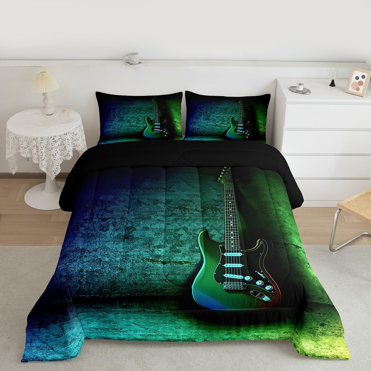Castle Fairy Guitar Bass Comforter Sets for Kids Adults,Rock Music Instrument 3D Pattern Bedding Sets,Modern Pop Music Comforter 3 Pcs with 2 Pillowcases,Neon Blue Green Duvet Insert,King Size