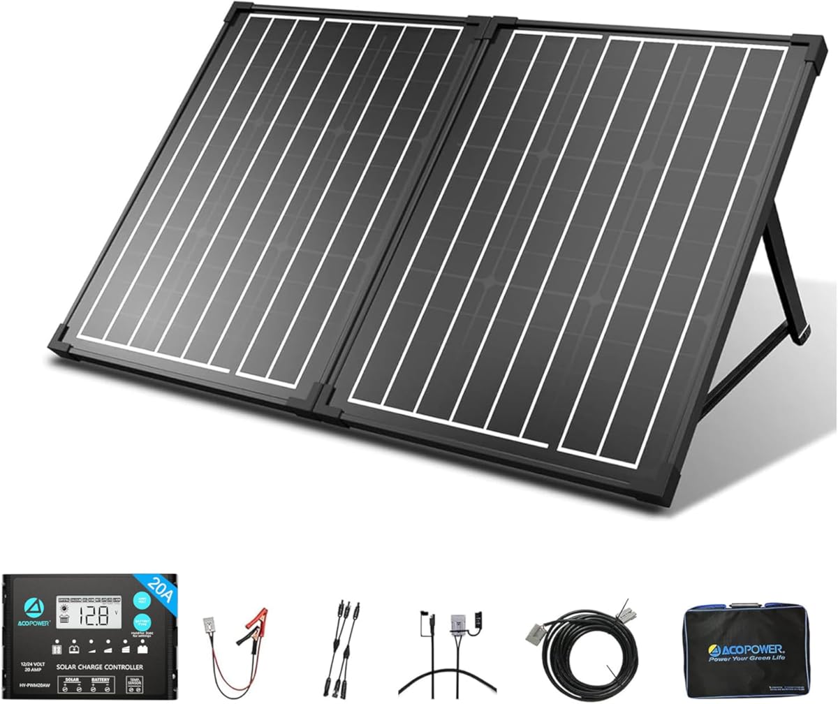 ACOPOWER 100Watt 12 Volt Portable Solar Panel with Waterproof 20A Charger Controller,20ft Extension Cable, SAE Adapter Anderson Connector,Foldable Solar Panel Kit Monocrystalline for Camping, RV