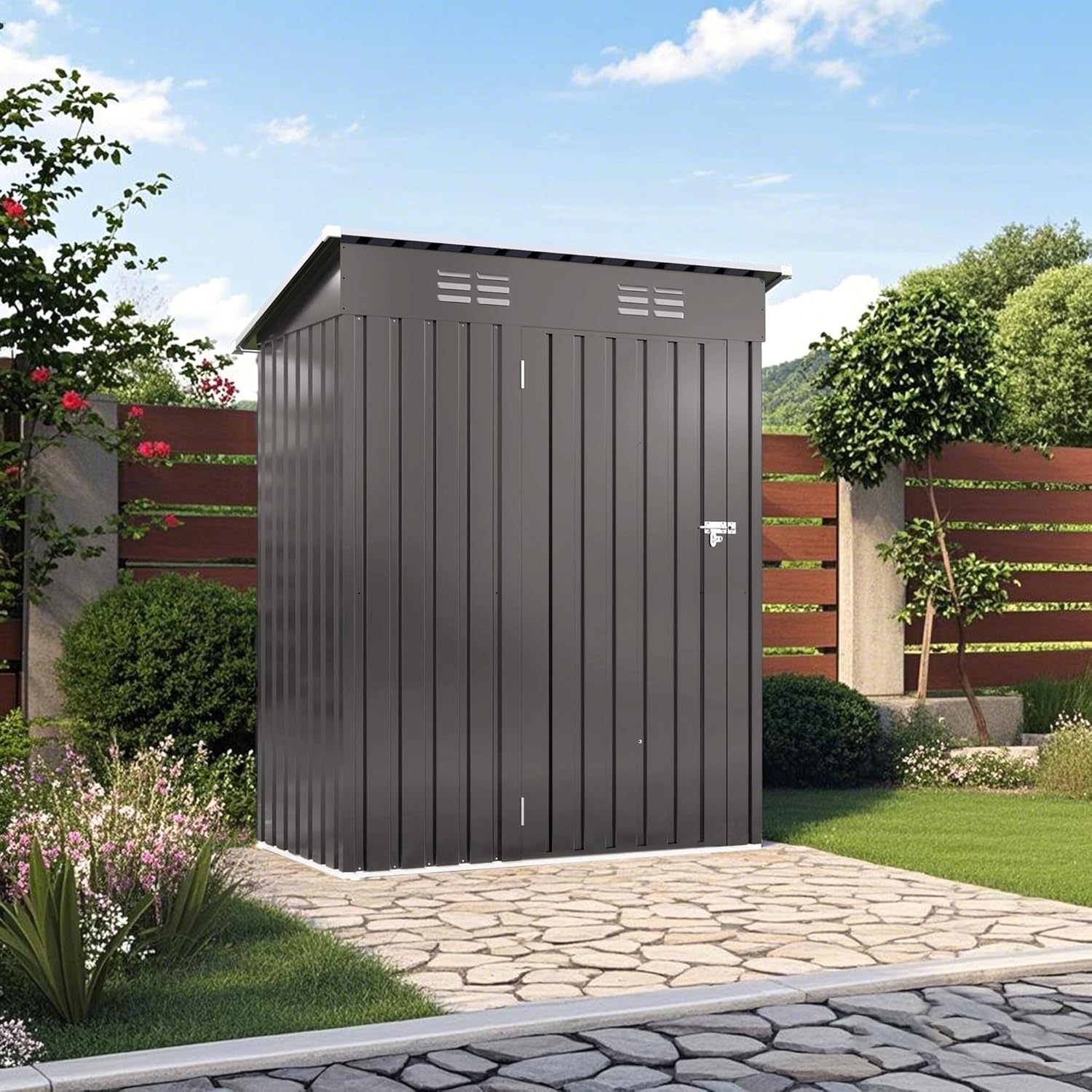 5x3 FT Outdoor Storage Shed, Small Metal Garden Shed with Lockable Hinged Door, Outside Tool Sheds with Sloped Roof & 2 Air Vents, Waterproof Storage Building for Backyard, Patio, Lawn, Gray