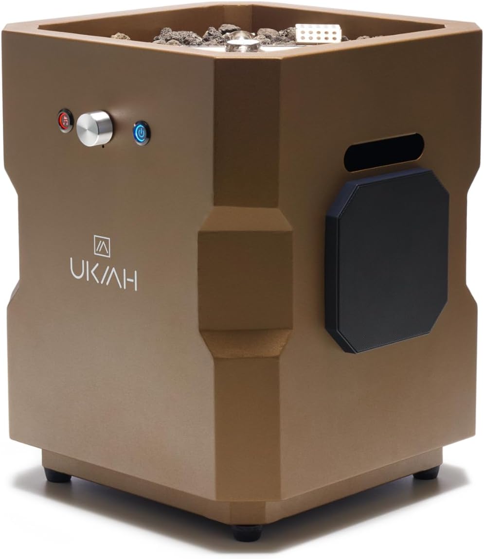 Onlyfire Tailgater II Music Fire Fit Table by Beat Fire to Music Technology - Portable Brown Camping Fire Pit with Stainless Steel Burner, Lava Rock & Built-in Entertainment Sound System