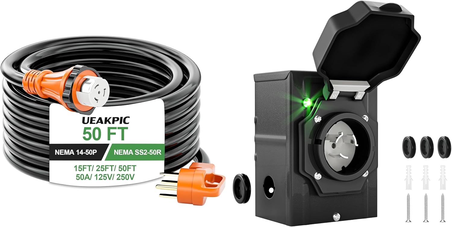 50 Amp Generator Extension Cord 50 Ft- Rated for 250V /12500W+50 Amp Generator Inlet Box with Green Safety Light
