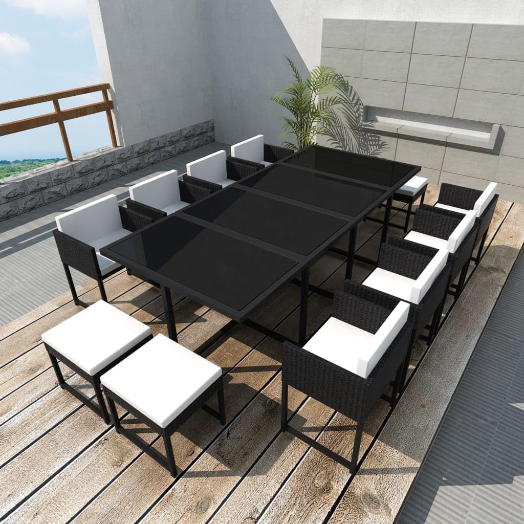 13 Piece Patio Dining Set with Cushions Poly Rattan Black,12Person Rattan Dining Set with Elegant Modern Design for Garden & Patio Patio Furniture Sets, Outdoor Furniture Sets