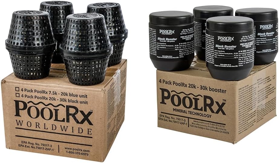 PoolRx 101067 Black Units Swimming-Pool-Algaecides (4 Pack), 20,000-30,000 Gallon and Pool Rx Booster Black 20k-30k Gallons - 4 PK Bundle