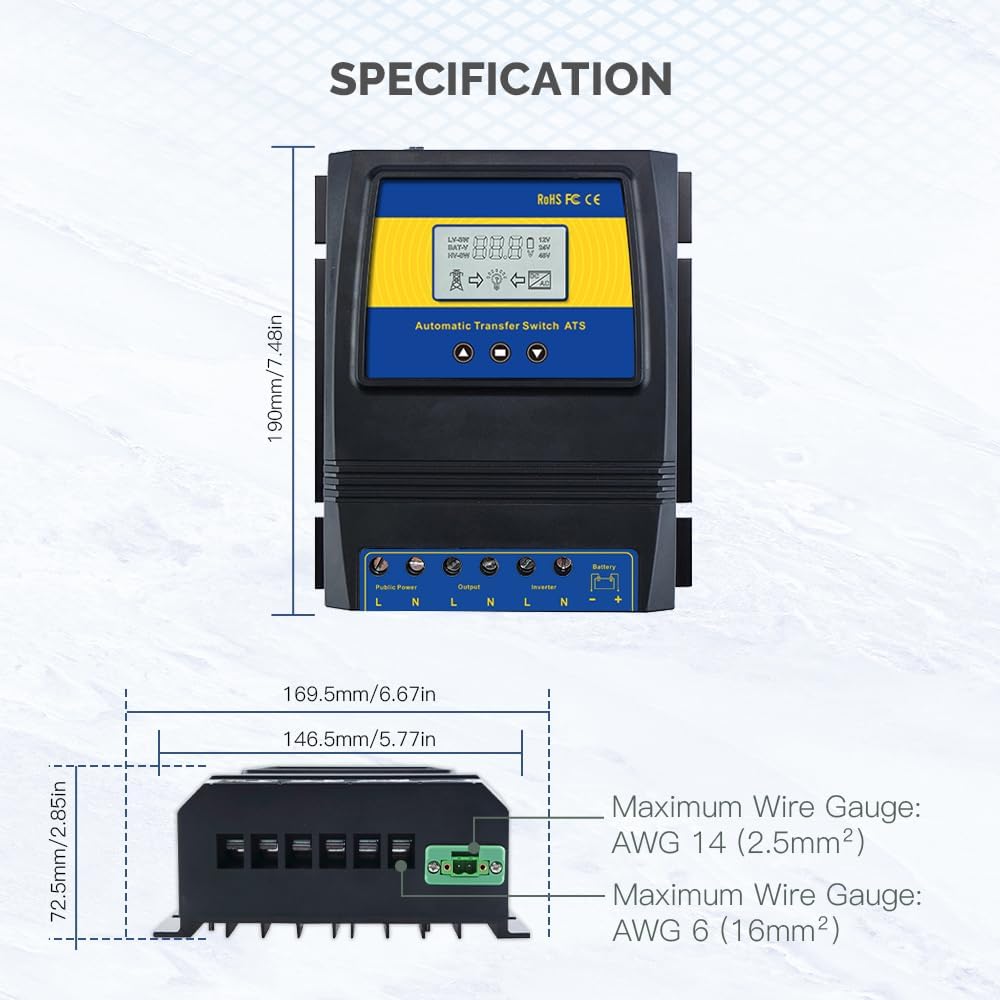 MOES Dual Power Controller Automatic Transfer Switch for Off Grid Solar Wind System, 11kw(220-240V) ATS DC 12V 24V 48V