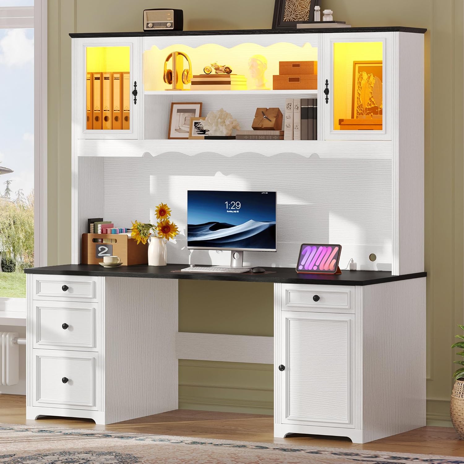 YITAHOME Executive Desk with Hutch and Drawers, Farmhouse Computer Desk with Power Outlet & LED Lights, Home Office Desks with Storage Shelves, Storage Cabinet with Glass Door, White & Black