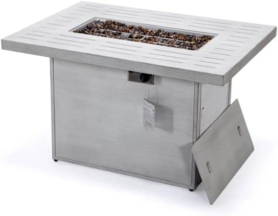 LeisureMod Chelsea Propane Fire Pit 44 Inch 55,000 BTU Auto-Ignition Gas Fire Pit Table with lid, Wind Guard and Decorative Stones Aluminum Frame (Weathered Grey)