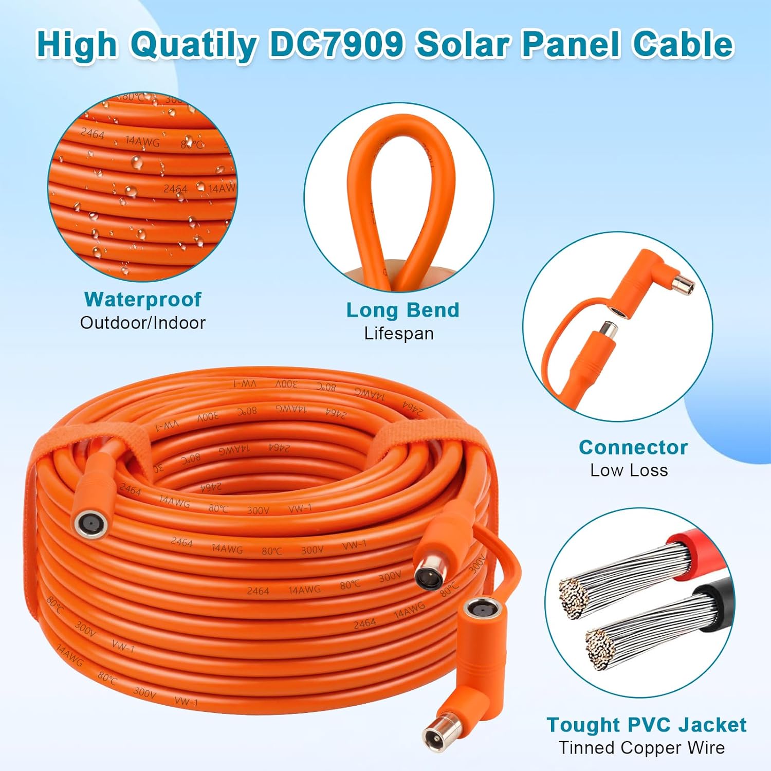 14AWG DC Solar Panel Power Wire 75FT, 14AWG 8mm DC Extension Cable (DC7909 to DC8020), DC7909 Solar Panel Power Cord for Solar Generators, Power Stations, and Automotive