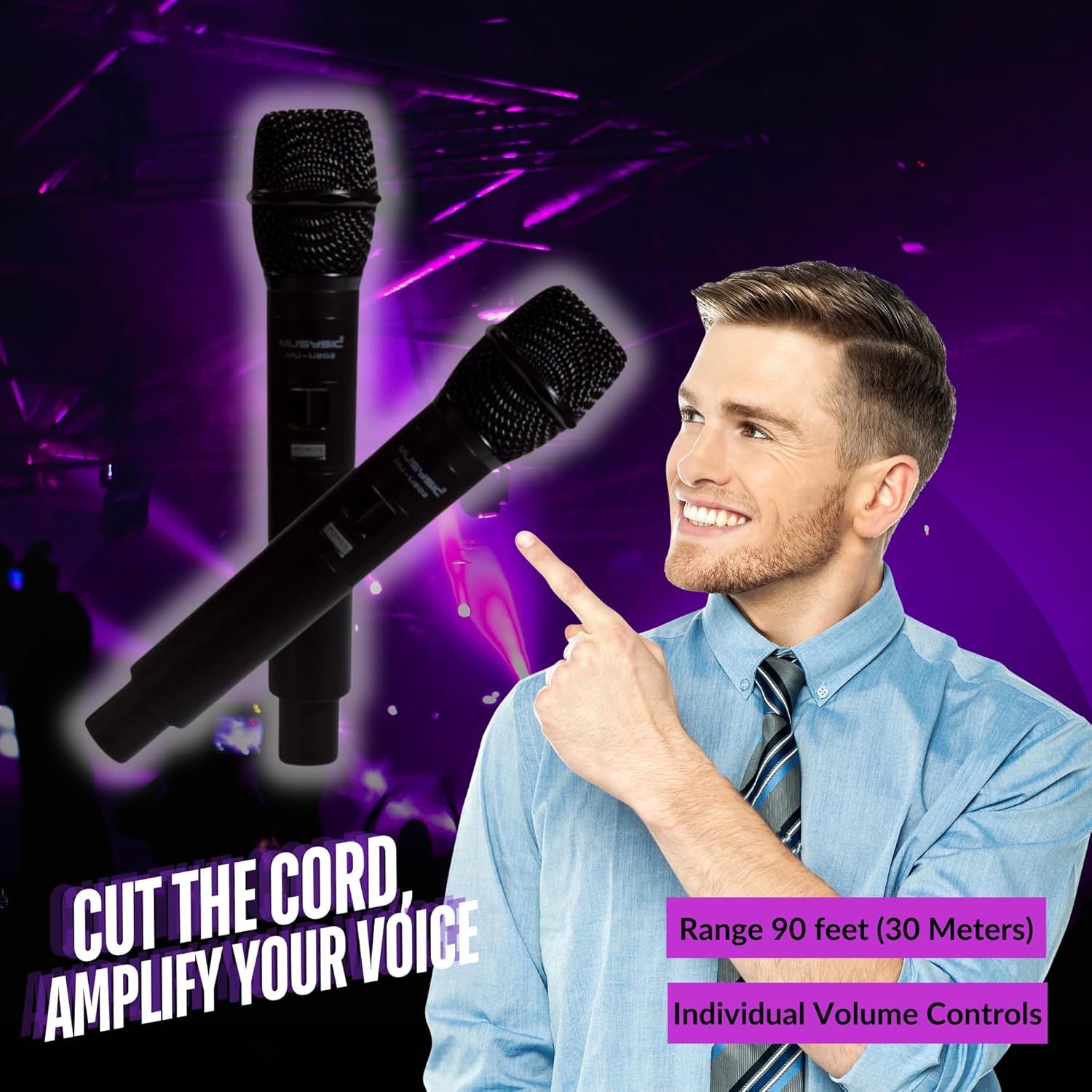 MUSYSIC PA15-MX800 Professional PA System – 8 Channel Audio Mixer with Built-in 4500 W Amplifier 15” Studio Wireless Speakers Bluetooth/USB/SD/FM UHF Wireless Microphone System Stands Pair