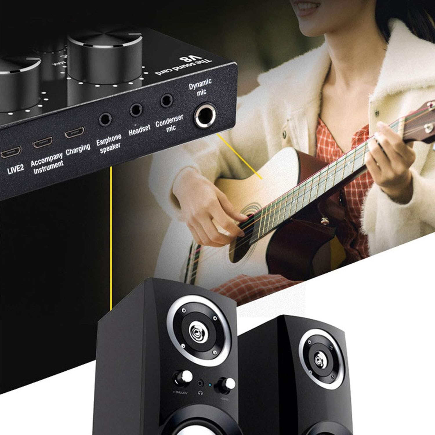 V8,Live Sound Card with Effects,2 Channel USB Audio Mixer Sound Mixing Consoles Amplifier,Handheld Microphone Voice Changer Sound Effects Machine for Compu