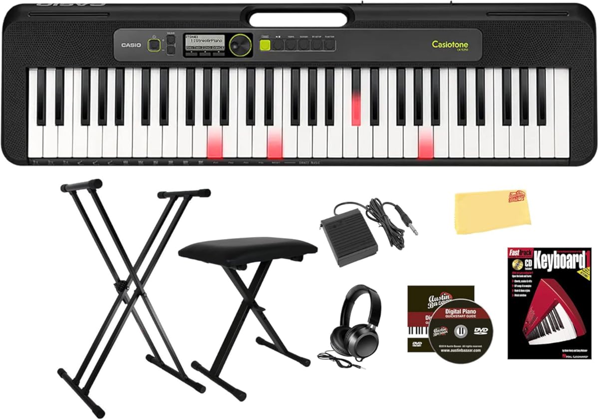 Casio LK-S250 Casiotone 61-Key Portable Lighted Key Keyboard Bundle with Adjustable Stand, Bench, Headphones, Sustain Pedal, Instructional DVD, and Austin Bazaar Polishing Cloth